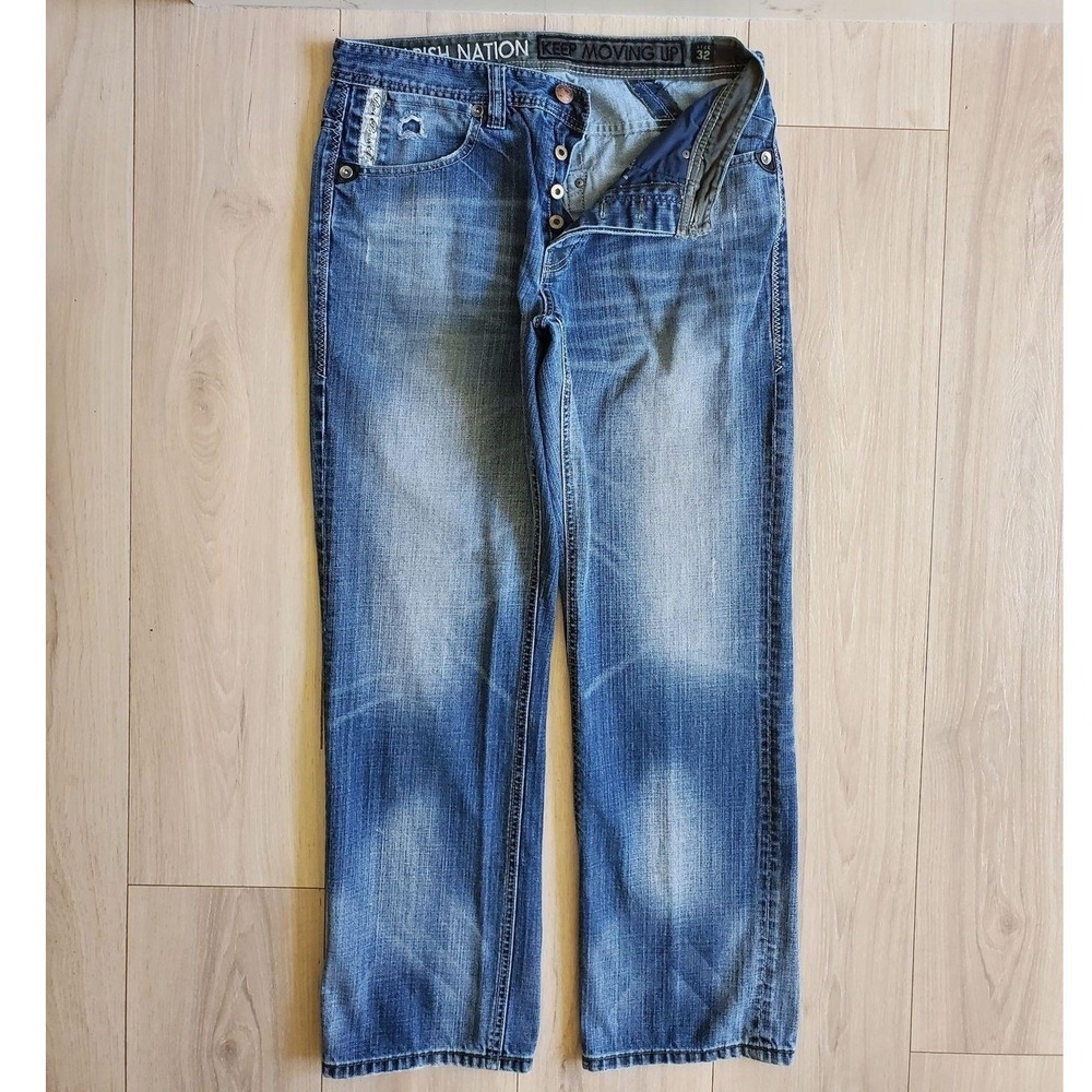 Parish Jeans Mens 32x32 Blue Relaxed Fit Straight Leg Button Fly Distressed